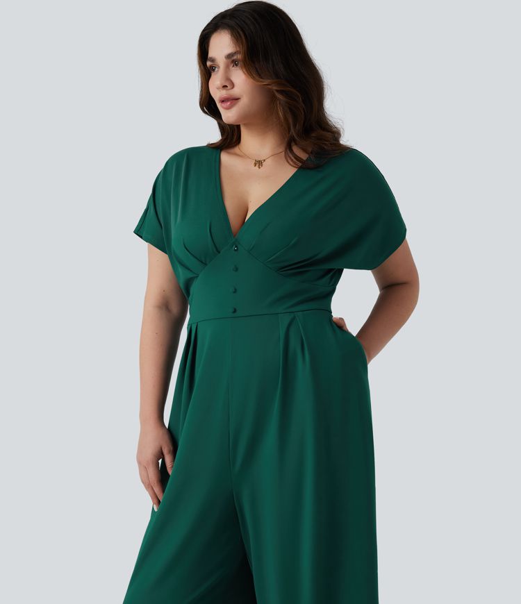 Plus Size V Neck Short Sleeve Wide Leg Casual Jumpsuit with Pockets-Easy Peezy Edition