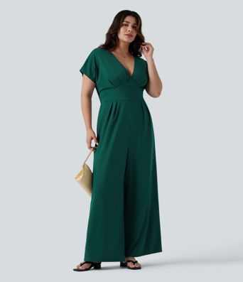 Plus Size V Neck Short Sleeve Wide Leg Casual Jumpsuit with Pockets-Easy Peezy Edition