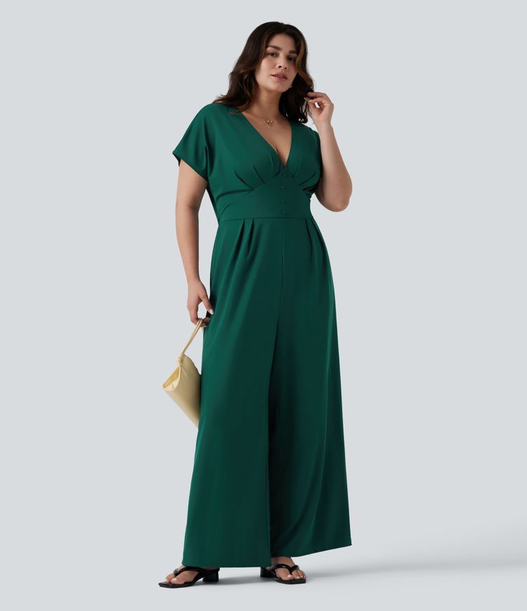Plus Size V Neck Short Sleeve Wide Leg Casual Jumpsuit with Pockets-Easy Peezy Edition