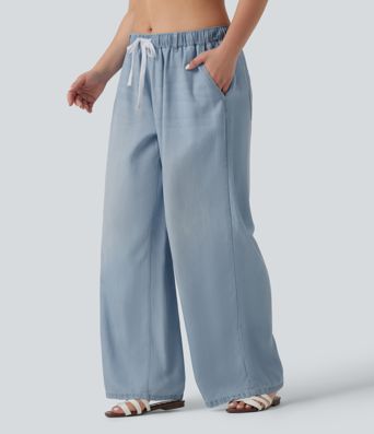 Plus Size Mid Rise Drawstring Casual Jeans with Pockets