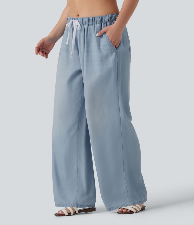 Plus Size Mid Rise Drawstring Casual Jeans with Pockets