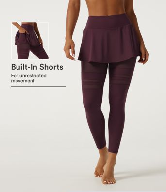 SoftlyZero™ Airy Mid Rise Pleated Contrast Mesh Dance Skirted Leggings with Pockets