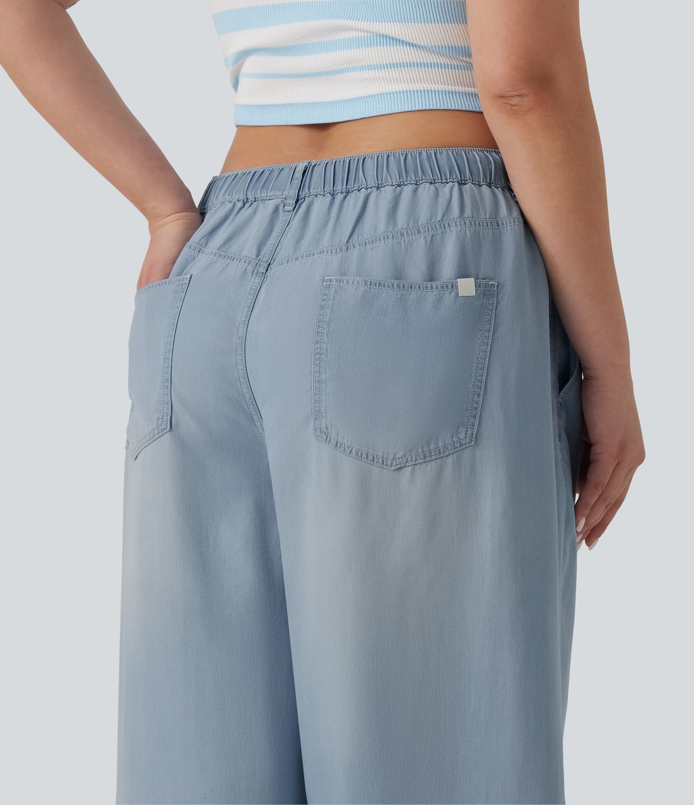 Plus Size Mid Rise Drawstring Casual Jeans with Pockets