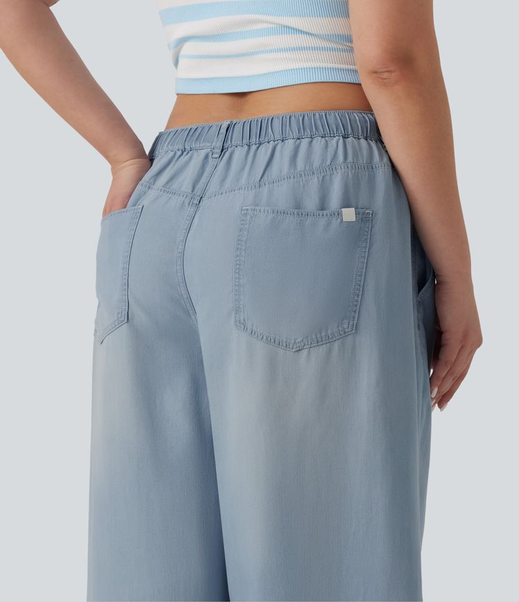 Plus Size Mid Rise Drawstring Casual Jeans with Pockets