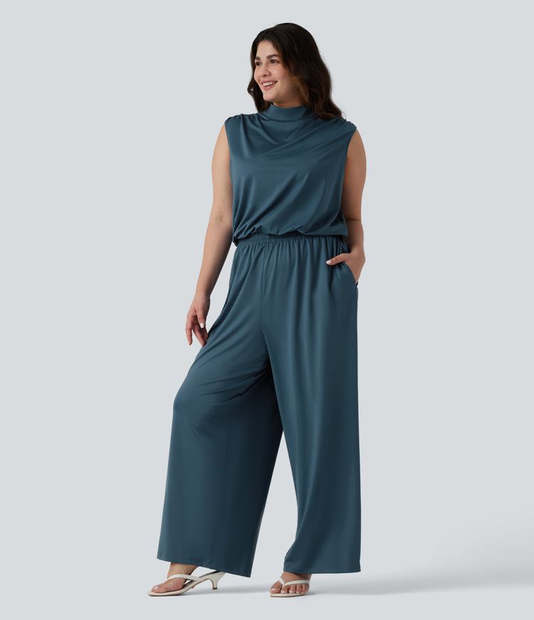 Plus Size Stand Collar Sleeveless Party Jumpsuit with Pockets-Easy Peezy Edition