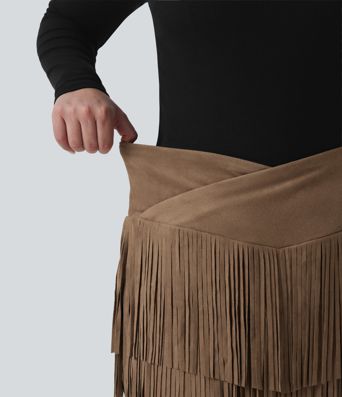 Plus Size High Waisted Crossover 2-in-1 Fringe Bodycon Suede Mini Party Skirt