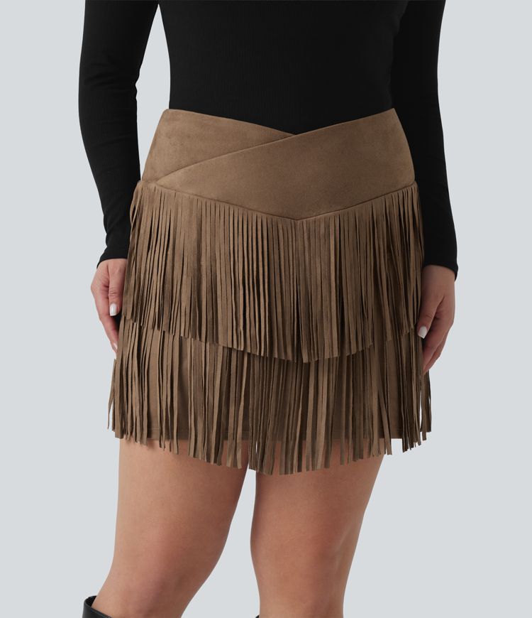 Jupe-short mini de soirée grande taille en suédine, taille haute, moulante, à ourlet croisé et franges