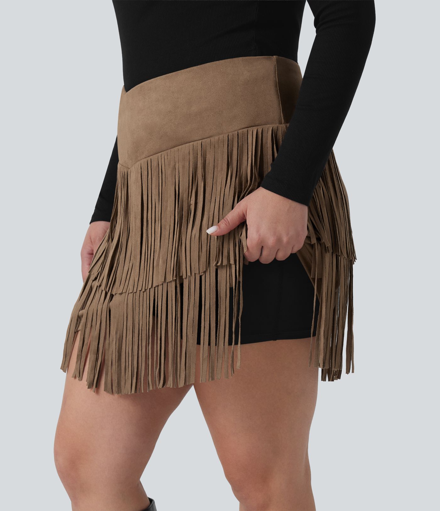 Plus Size High Waisted Crossover 2-in-1 Fringe Bodycon Suede Mini Party Skirt