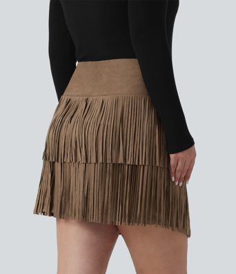 Plus Size High Waisted Crossover 2-in-1 Fringe Bodycon Suede Mini Party Skirt