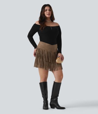 Plus Size High Waisted Crossover 2-in-1 Fringe Bodycon Suede Mini Party Skirt