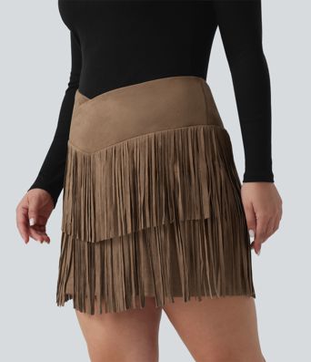 Plus Size High Waisted Crossover 2-in-1 Fringe Bodycon Suede Mini Party Skirt