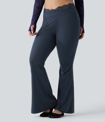 Halara UltraSculpt™ Plus Size V-Shaped High Waisted Contrast Lace Yoga Flare Leggings with Pockets