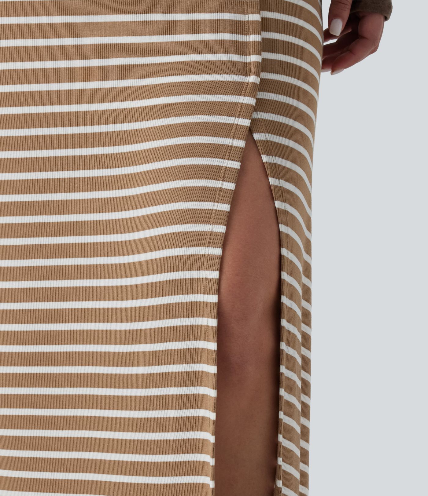 Plus Size Ribbed Knit High Waisted Split Stripe Maxi Casual Skirt with Pocket