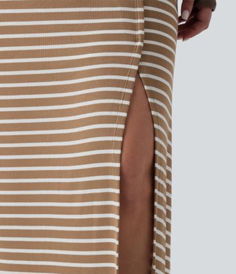 Plus Size Ribbed Knit High Waisted Split Stripe Maxi Casual Skirt with Pocket