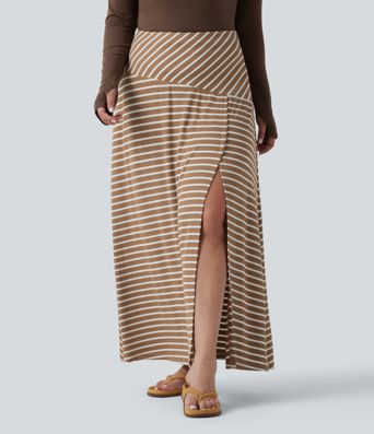 Plus Size Ribbed Knit High Waisted Split Stripe Maxi Casual Skirt with Pocket