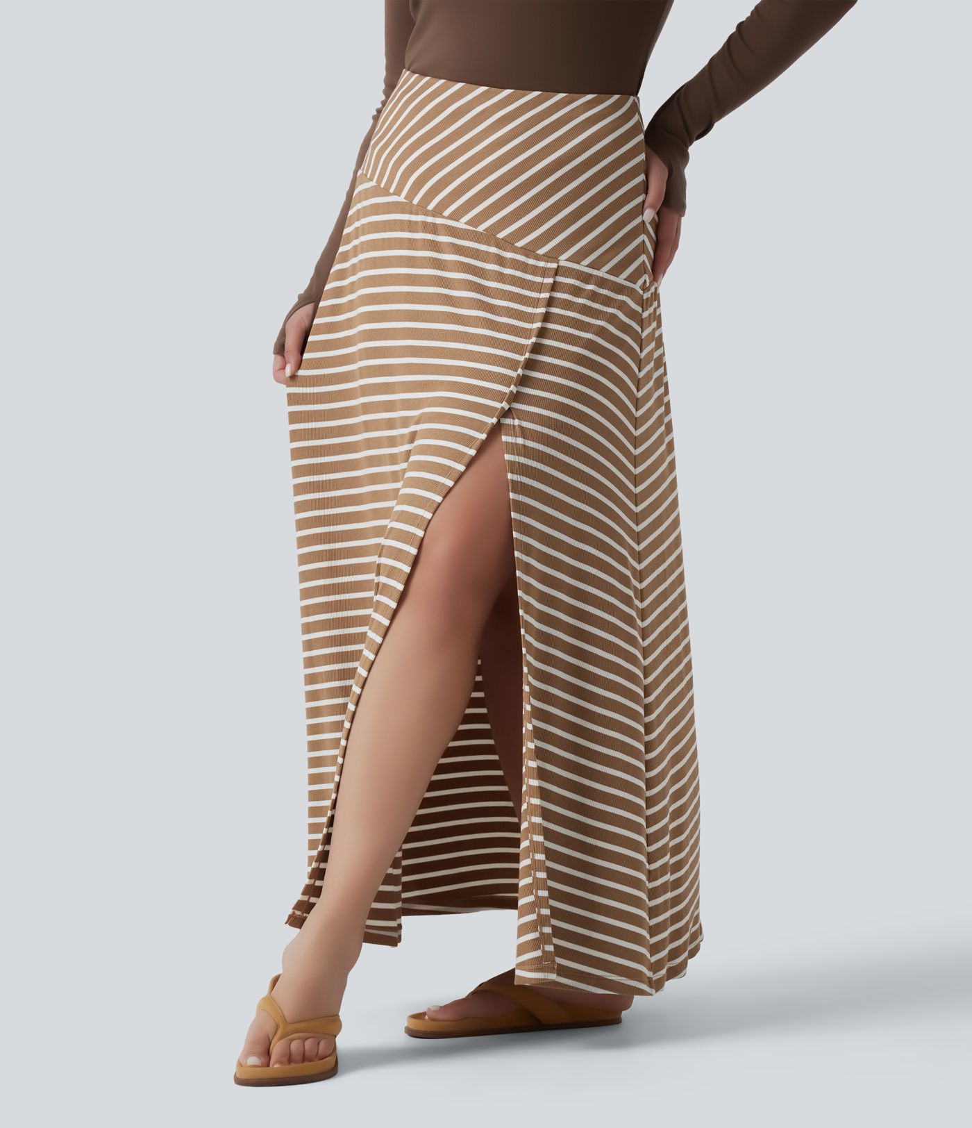 Plus Size Ribbed Knit High Waisted Split Stripe Maxi Casual Skirt with Pocket