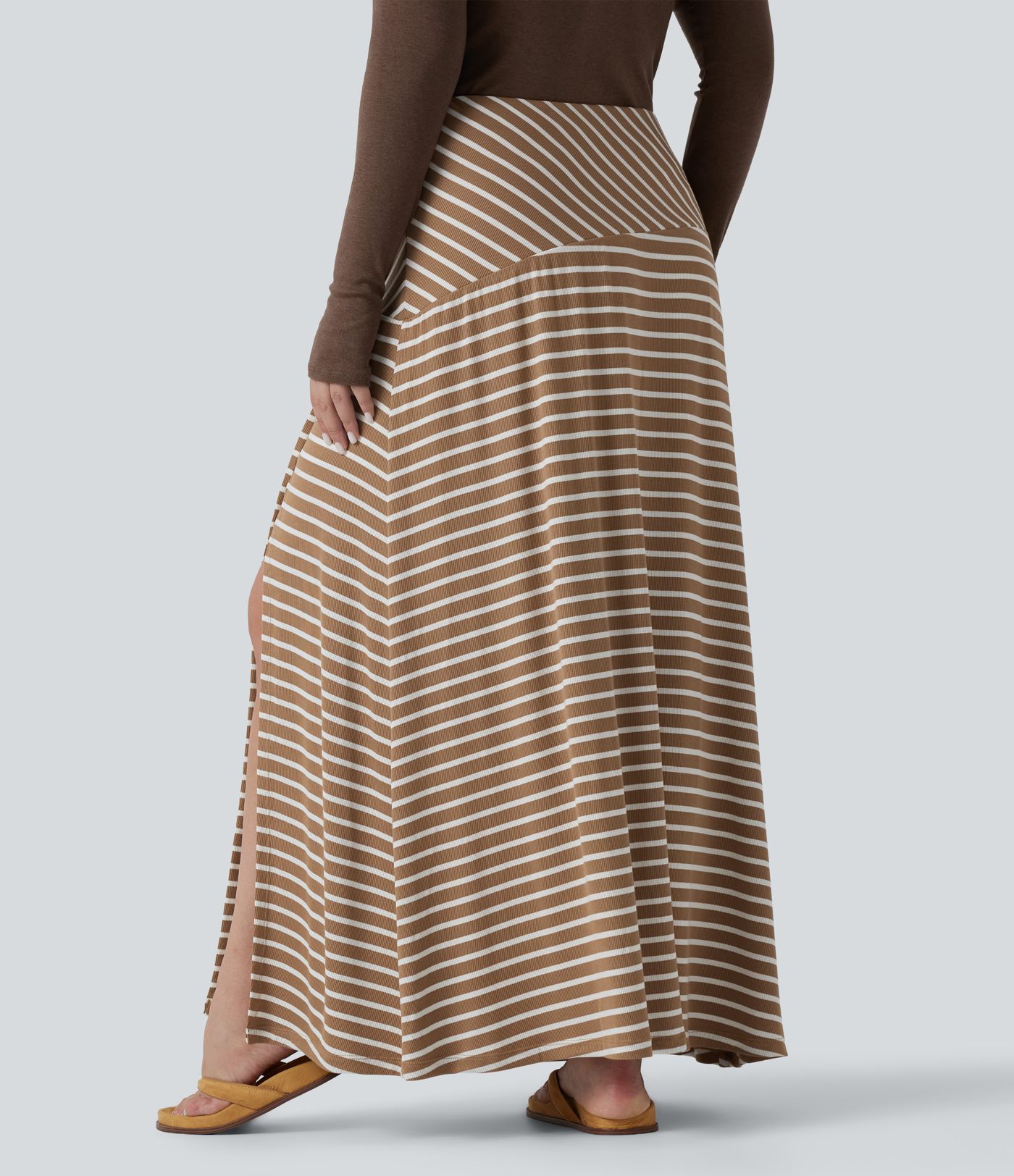 Plus Size Ribbed Knit High Waisted Split Stripe Maxi Casual Skirt with Pocket