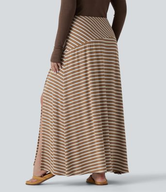 Plus Size Ribbed Knit High Waisted Split Stripe Maxi Casual Skirt with Pocket