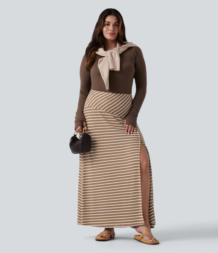 Plus Size Ribbed Knit High Waisted Split Stripe Maxi Casual Skirt with Pocket