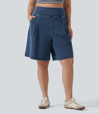 Plus Size Halara Flex™ High Waisted Baggy Denim Casual Shorts 10" with Pockets