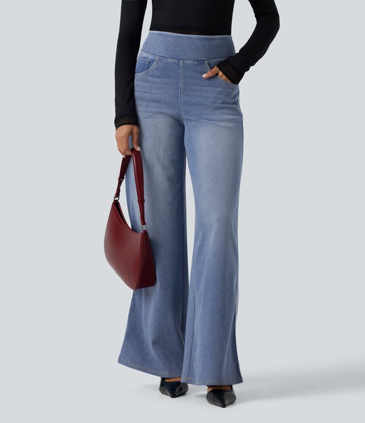 Halara Flex™ High Waisted Wide Leg Contrast Lace Casual Cotton Jeans with Pockets