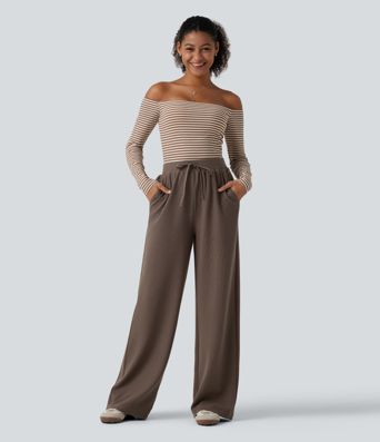 Waffle High Waisted Drawstring Straight Leg Casual Pants with Pockets