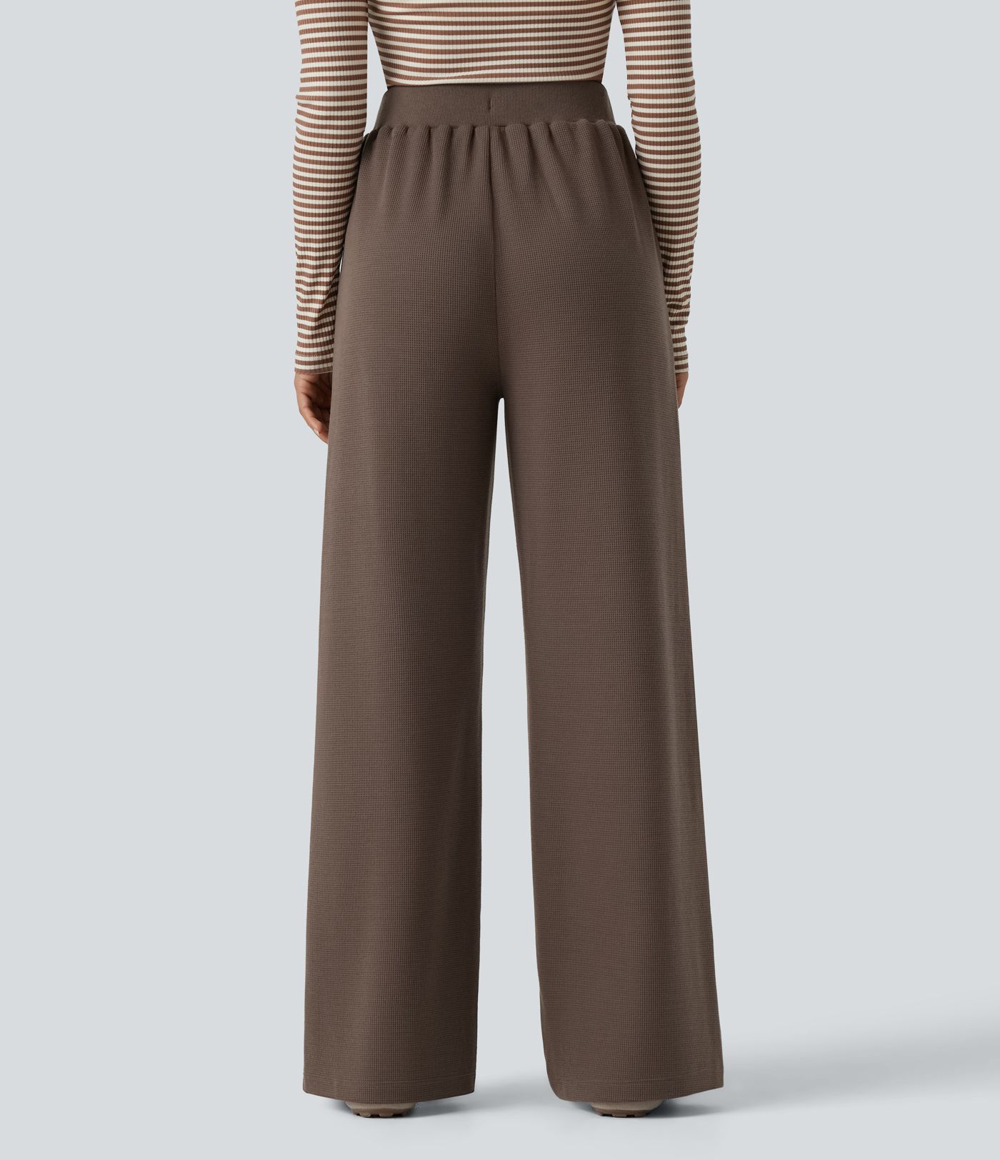 Waffle High Waisted Drawstring Straight Leg Casual Pants with Pockets