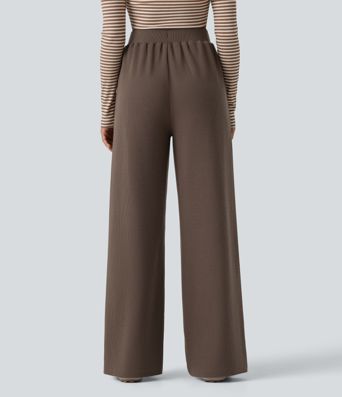 Waffle High Waisted Drawstring Straight Leg Casual Pants with Pockets