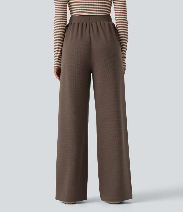 Waffle High Waisted Drawstring Straight Leg Casual Pants with Pockets
