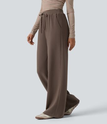 Waffle High Waisted Drawstring Straight Leg Casual Pants with Pockets