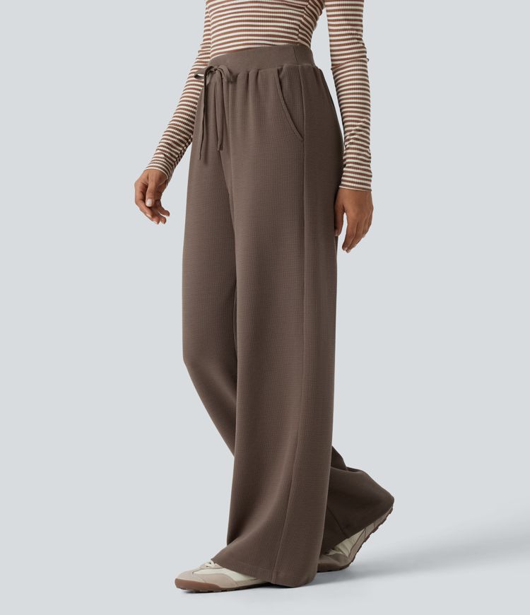 Waffle High Waisted Drawstring Straight Leg Casual Pants with Pockets