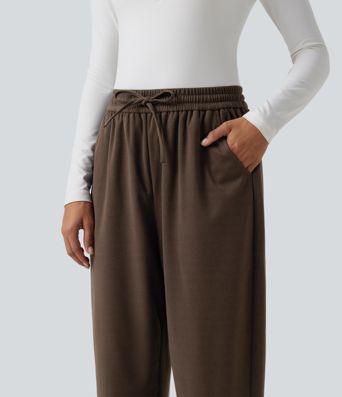 High Waisted Drawstring Tapered Work Pants with Pockets