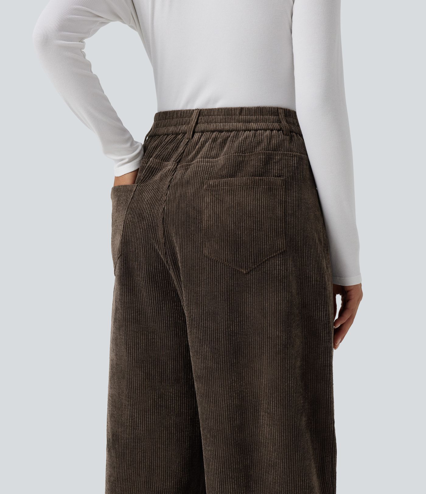 High Waisted Barrel Leg Corduroy Casual Pants with Pockets
