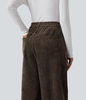 High Waisted Barrel Leg Corduroy Casual Pants with Pockets