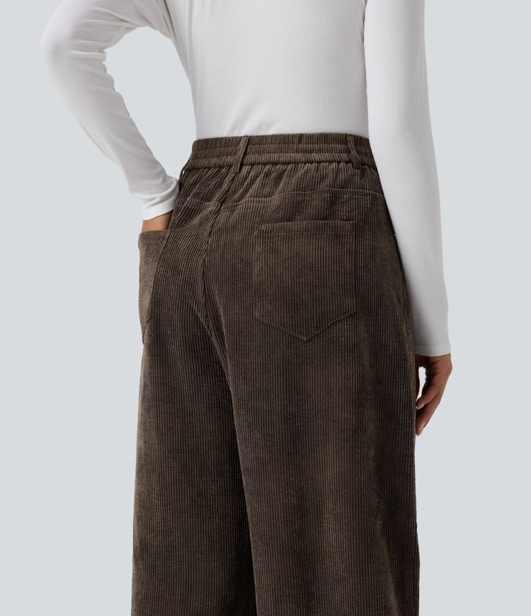 High Waisted Barrel Leg Corduroy Casual Pants with Pockets