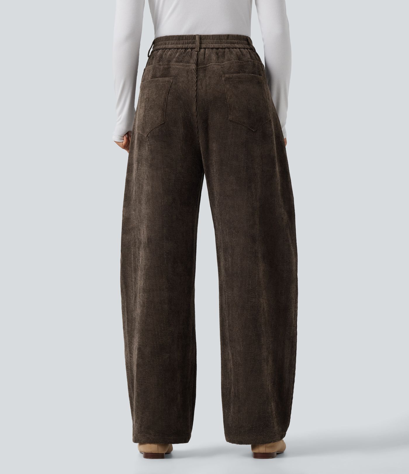 High Waisted Barrel Leg Corduroy Casual Pants with Pockets