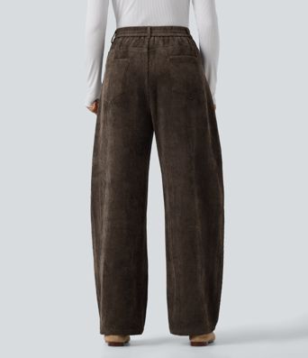 High Waisted Barrel Leg Corduroy Casual Pants with Pockets