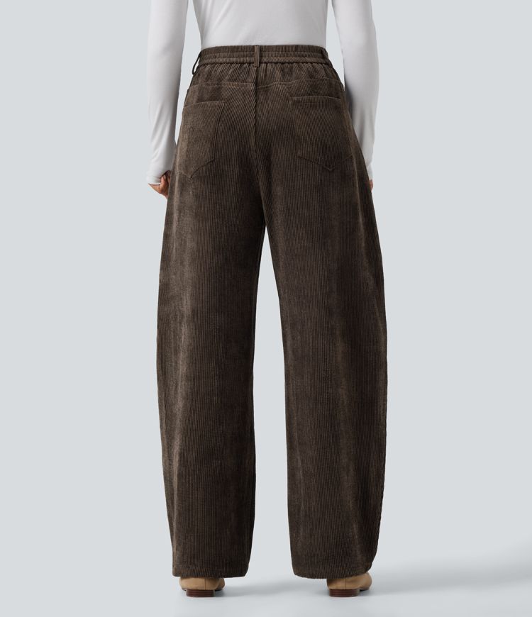 High Waisted Barrel Leg Corduroy Casual Pants with Pockets
