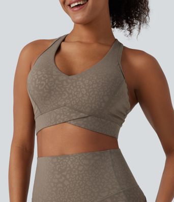 Medium Support V Neck Leopard Built-in Bra Racerback Training Sports Bra