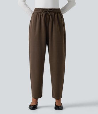 High Waisted Drawstring Tapered Work Pants with Pockets