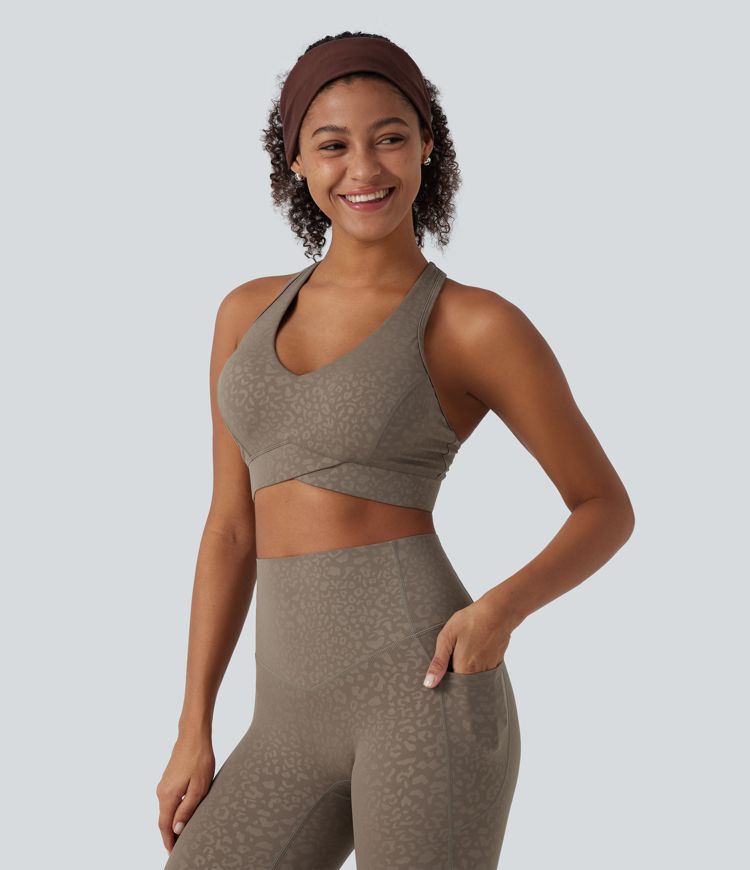 Medium Support V Neck Leopard Built-in Bra Racerback Training Sports Bra