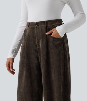 High Waisted Barrel Leg Corduroy Casual Pants with Pockets