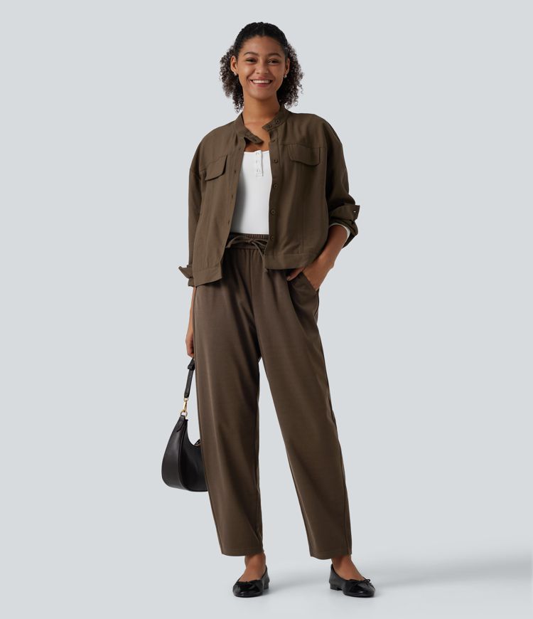 High Waisted Drawstring Tapered Work Pants with Pockets