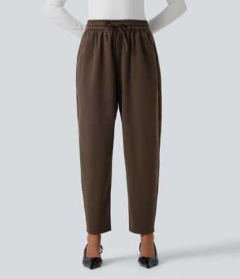 High Waisted Drawstring Tapered Work Pants with Pockets