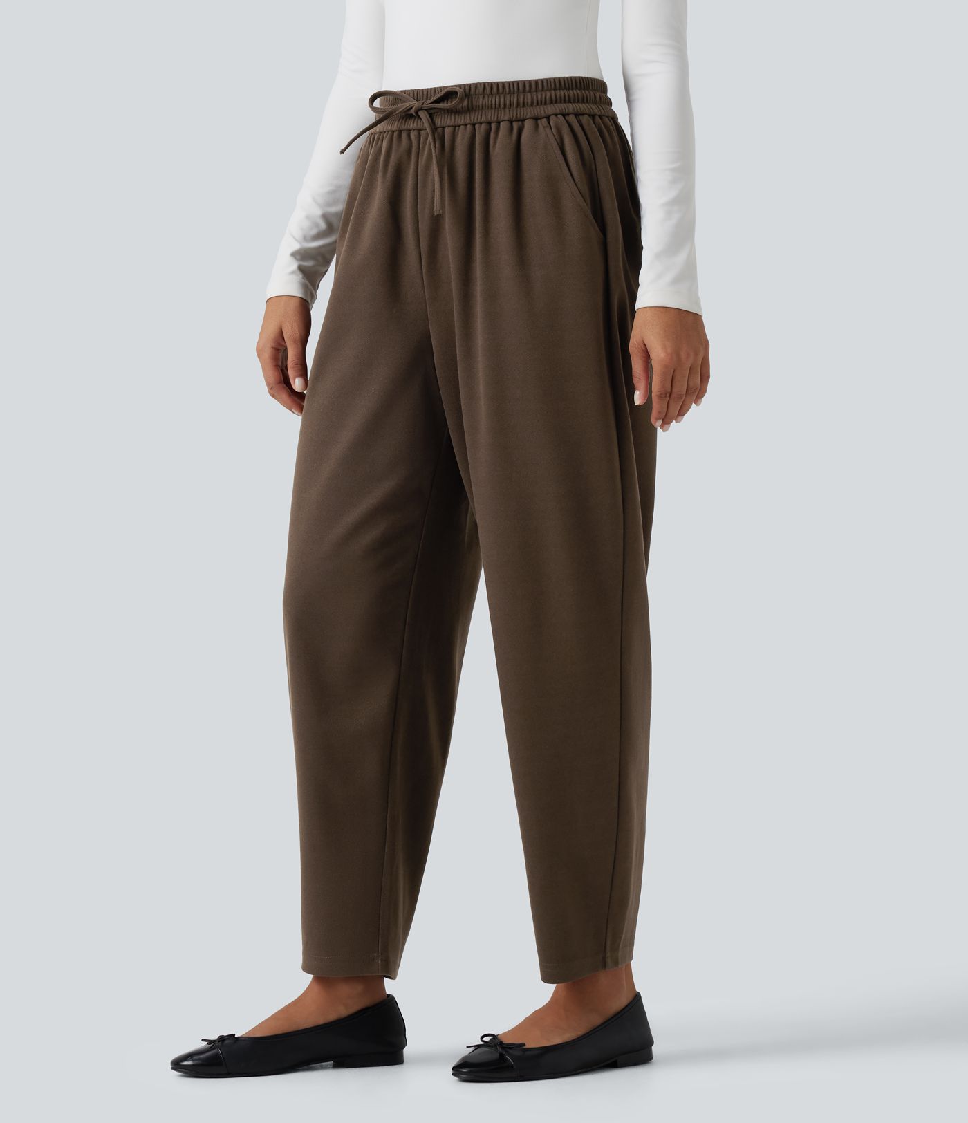High Waisted Drawstring Tapered Work Pants with Pockets