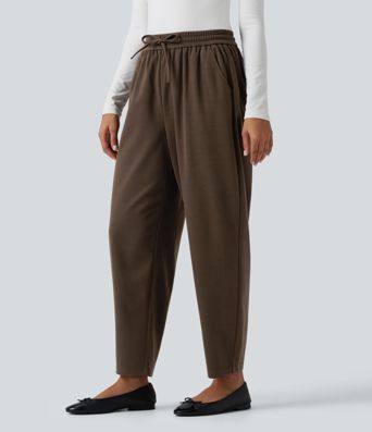 High Waisted Drawstring Tapered Work Pants with Pockets