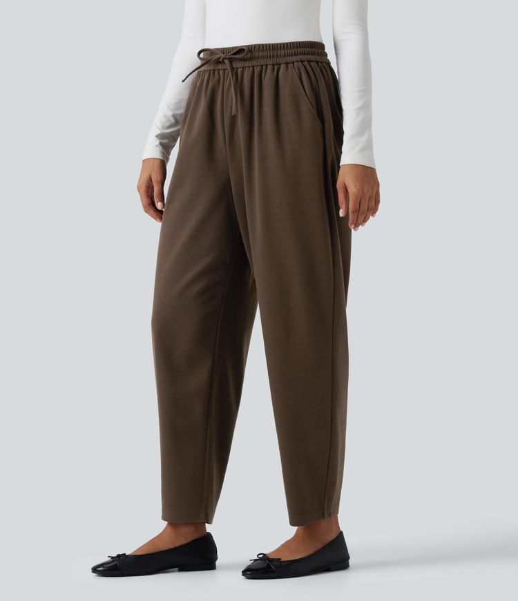 High Waisted Drawstring Tapered Work Pants with Pockets