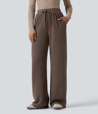 Waffle High Waisted Drawstring Straight Leg Casual Pants with Pockets
