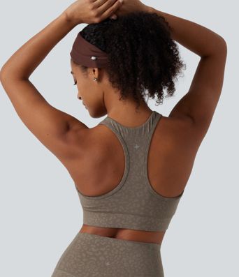 Medium Support V Neck Leopard Built-in Bra Racerback Training Sports Bra