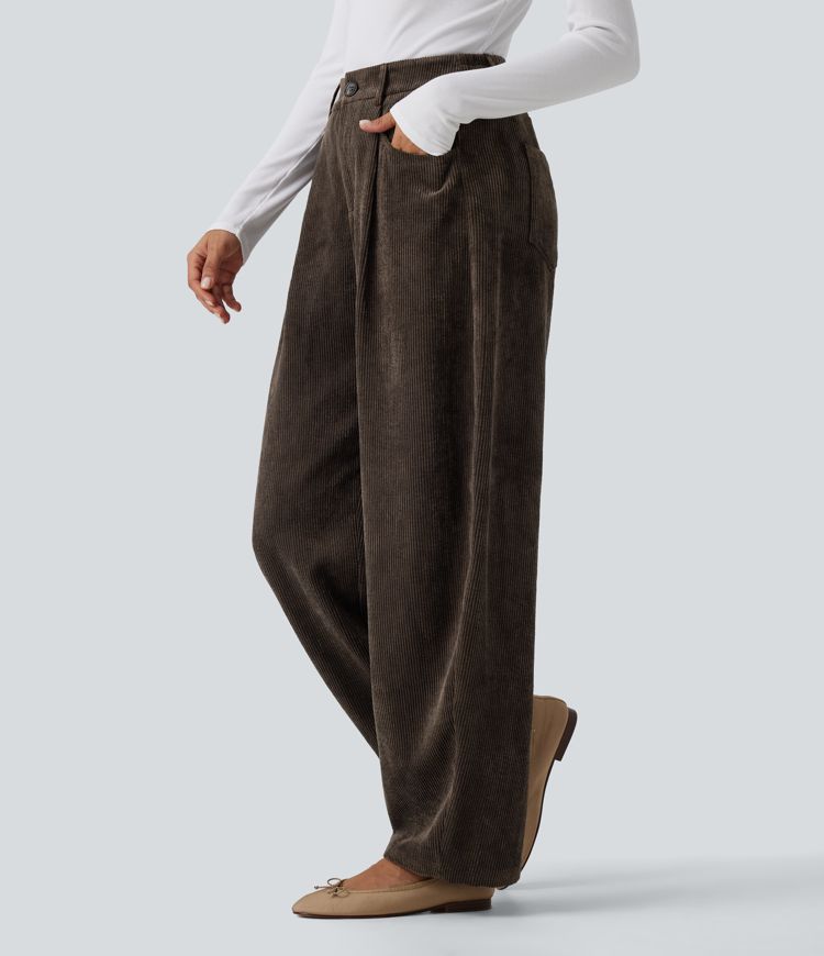 High Waisted Barrel Leg Corduroy Casual Pants with Pockets
